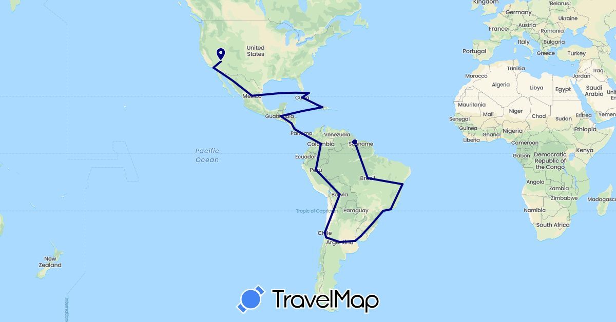 TravelMap itinerary: driving in Argentina, Bolivia, Brazil, Bahamas, Chile, Colombia, Costa Rica, Cuba, Guyana, Honduras, Haiti, Mexico, Nicaragua, Panama, Peru, United States, Uruguay (North America, South America)